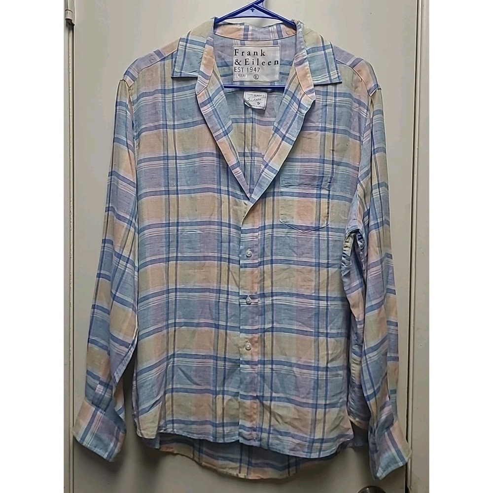 Frank & Eileen Women's Multicolor Plaid‎ Casual Button Up Linen Shirt Size L